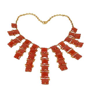 VINTAGE ART DECO 1930S NECKLACE CARNELIAN GLASS: THE STUNNING NECKLACE MEASURES 16" AROUND AND THE LONGEST POINT IS 3.25". WE PROVIDE IN-HOUSE SHIPPING FOR YOUR CONVENIENCE.