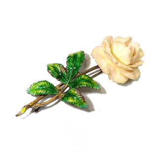 A GORGEOUS ANTIQUE ENAMEL STERLING BROOCH: OFFERED HERE IS A STERLING AND ENAMEL BROOCH IN THE SHAPE OF A ROSE. IT IS 3" LONG. MARKED STERLING. WE PROVIDE IN-HOUSE SHIPPING.