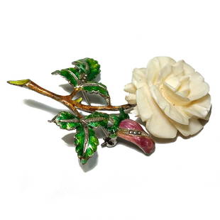 A GORGEOUS ANTIQUE ENAMEL STERLING BROOCH #2: OFFERED HERE IS A STERLING AND ENAMEL BROOCH IN THE SHAPE OF A ROSE. IT IS 2.25" LONG. MARKED STERLING GERMANY. WE PROVIDE IN-HOUSE SHIPPING.