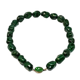 A CHINESE EXPORT NECKLACE MALACHITE SILVER: THE NECKLACE IS 16" LONG. THE CLASP IS MARKED SILVER. THE BEADS AVERAGE 19MM BY 14MM IN SIZE. WE PROVIDE IN-HOUSE SHIPPING.