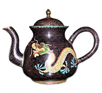 SUPERB ANTIQUE CHINESE CLOISONNE TEAPOT IMPERIAL DRAGONS: THE BEAUTIFUL ANTIQUE CHINESE OLD TEAPOT FEATURES TWO IMPERIAL DRAGONS CHASING A PEARL. THE TEAPOT HAS PATINA AND GENTLE WEAR FROM AGE AND USE. SOME ENAMEL LOSS UNDER THE COVER. IT IS 5.5 INCHES TALL.