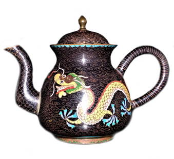 SUPERB ANTIQUE CHINESE CLOISONNE TEAPOT IMPERIAL DRAGONS: THE BEAUTIFUL ANTIQUE CHINESE OLD TEAPOT FEATURES TWO IMPERIAL DRAGONS CHASING A PEARL. THE TEAPOT HAS PATINA AND GENTLE WEAR FROM AGE AND USE. SOME ENAMEL LOSS UNDER THE COVER. IT IS 5.5 INCHES