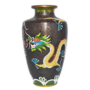 FINE ANTIQUE CHINESE 19THC CLOISONNE VASE YELLOW 3 IMPERIAL DRAGONS: THE ANTIQUE CHINESE VASE FEATURING 3 IMPERIAL DRAGONS AND A FLAMING PEARL. IT IS FROM THE LATE QING ERA. THE BACKGROUND IS BLACK WITH TIGHT ROUND CLOUD PATTERN. THERE IS A LOT OF OXIDATION AND DUE TO