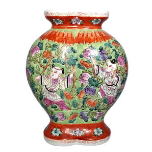 CHINESE PORCELAIN DOUBLE VASE BOYS BATS GOURD PATTERN: THE BEAUTIFULLY ENAMELED CHINESE PORCELAIN VASE WITH SO MUCH DETAIL. IT IS IN A SHAPE OF A DOUBLE VASE, WITH BOYS PLAYING AMONG THE VINES AND GOURDS. THERE IS A BORDER OF BATS ABOVE THE IMAGE. THERE A