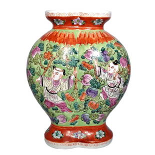 CHINESE PORCELAIN DOUBLE VASE BOYS BATS GOURD PATTERN: THE BEAUTIFULLY ENAMELED CHINESE PORCELAIN VASE WITH SO MUCH DETAIL. IT IS IN A SHAPE OF A DOUBLE VASE, WITH BOYS PLAYING AMONG THE VINES AND GOURDS. THERE IS A BORDER OF BATS ABOVE THE IMAGE. THERE