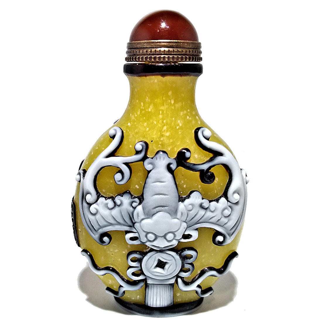 BEAUTIFUL CHINESE CARVED PEKING GLASS SNUFF BOTTLE BATS COINS QIANLONG SEAL (1 of 7)