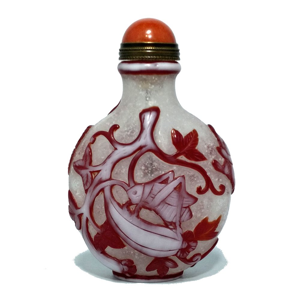 CHINESE PEKING GLASS SNUFF BOTTLE BUTTERFLIES GOURDS CRICKET SIGNED (1 of 9)