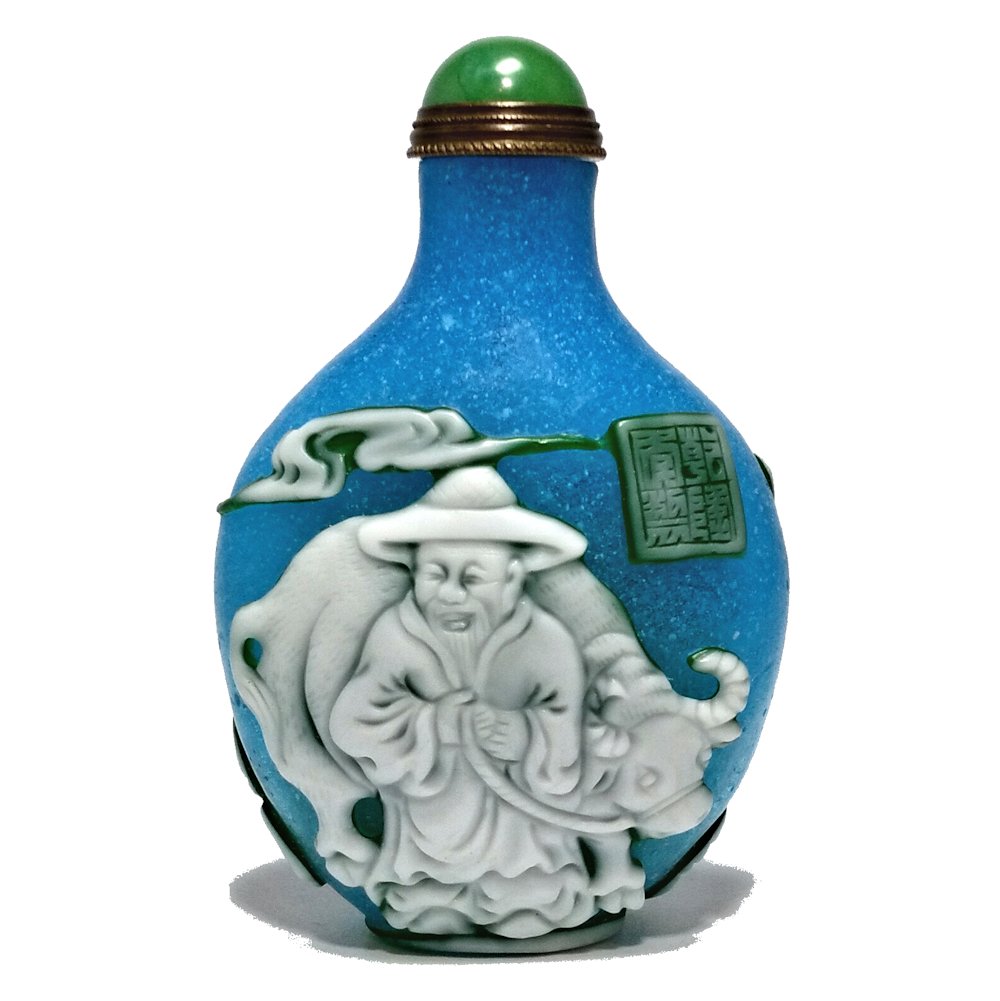 CHINESE PEKING GLASS SNUFF BOTTLE ELDERS CHILD OX QIANLONG SEAL (1 of 8)
