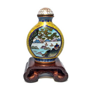 ANTIQUE CHINESE SNUFF BOTTLE CLOISONNE ENAMEL 19C QING: THE RARE AND VERY FINE ANTIQUE CHINESE SNUFF BOTTLE FEATURES TWO FRAMED SCENES. A SEASCAPE ON ONE SIDE AND A LANDSCAPE ON THE OTHER. THE BACKGROUND IS IMPERIAL YELLOW AND DECORATED WITH A FINEGEOMETRI