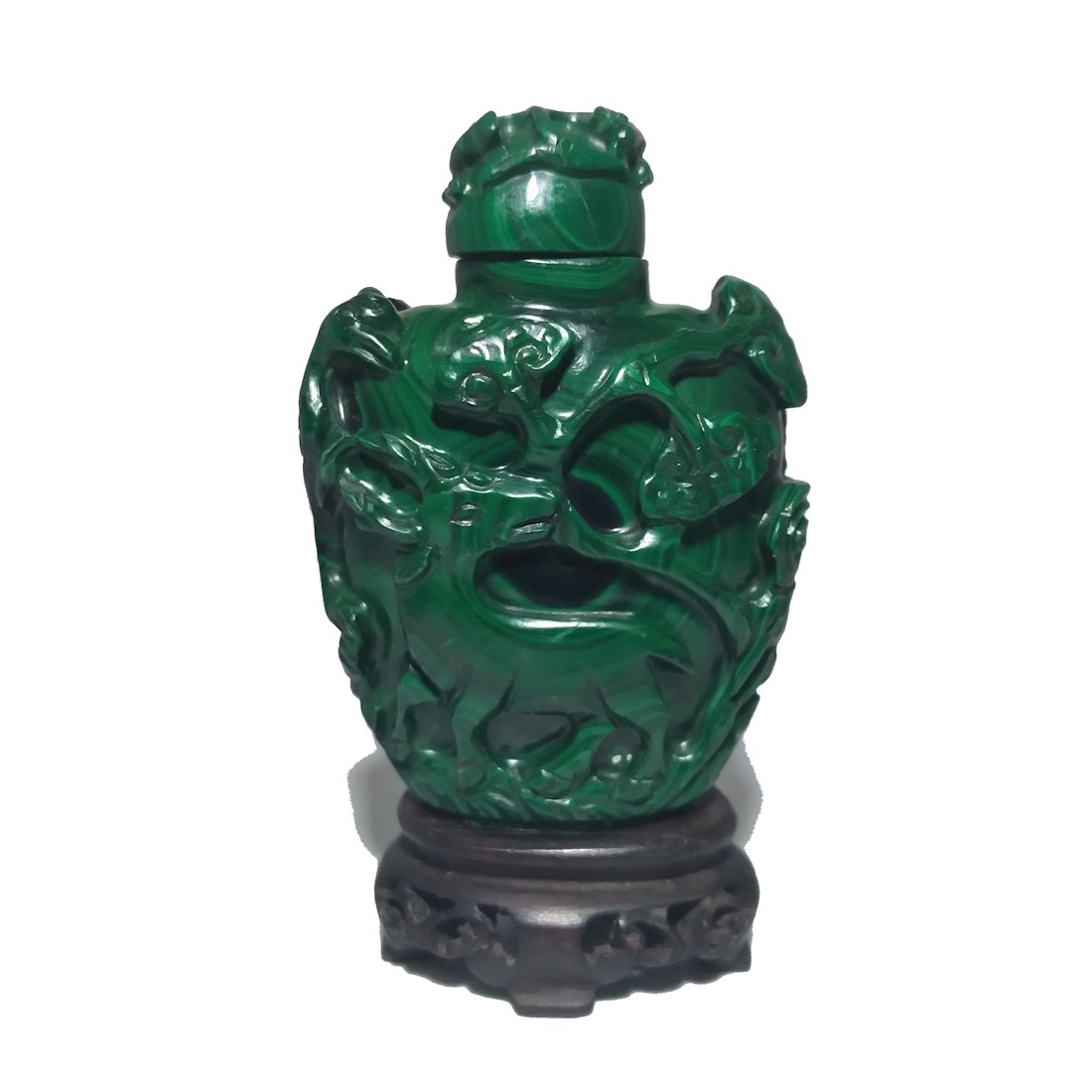 ANTIQUE CARVED CHINESE MALACHITE SNUFF BOTTLE 18-19TH C KYLIN STORK LINGHZI (1 of 7)
