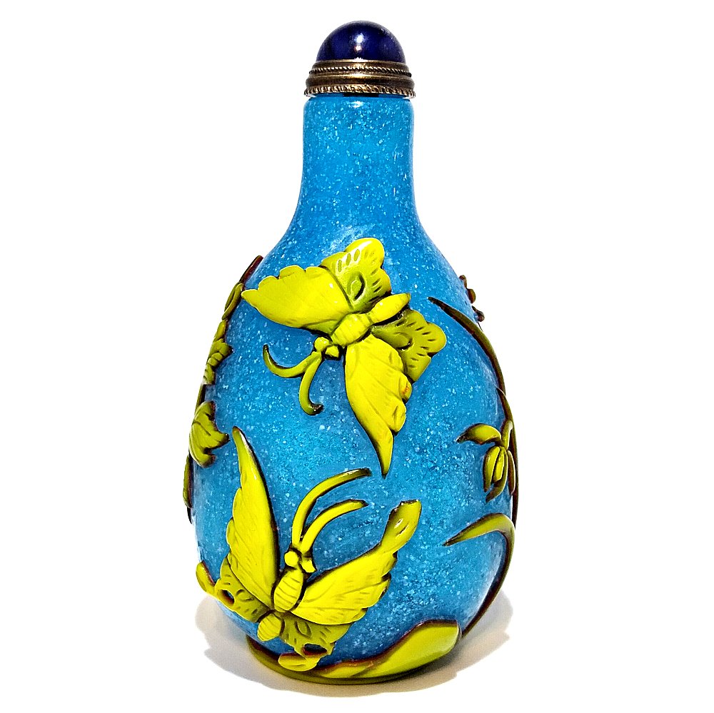 CHINESE SNUFF BOTTLE PEKING GLASS BUTTERFLIES QIANLONG SEAL (1 of 6)