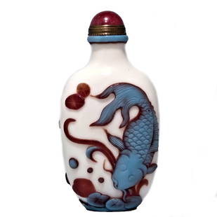 SUPERB CHINESE PEKING GLASS SNUFF BOTTLE EAGLE CARP QIANLONG SEAL: THE FINE CHINESE SNUFF BOTTLE IS WELL CARVED IN LIGHT BLUE AND BROWN OVER OVER WHITE GLASS. IT DEPICTS AN EAGLE AND FISH. THE BOTTLE BEARS A QIANLONG SEAL. IT IS 3 INCHES TALL. STANDS ARE FOR DISPLAY