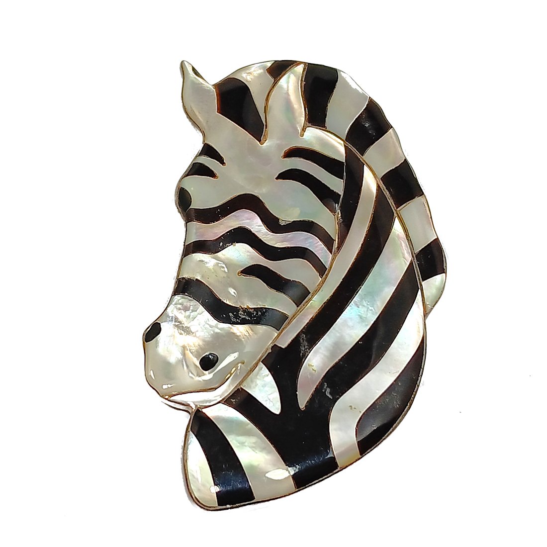A FINE HUGE 4 INCHES STERLING SILVER BROOCH PENDANT ZEBRA INLAID ONYX: THE FABULOUS BROOCH IS INLAID WITH ONYX AND MOTHER OF PEARLS. IT IS 4 INCHES LONG AND WEIGHS 45 GRAMS. WE PROVIDE IN-HOUSE SHIPPING FOR A SEAMLESS TRANSACTION.