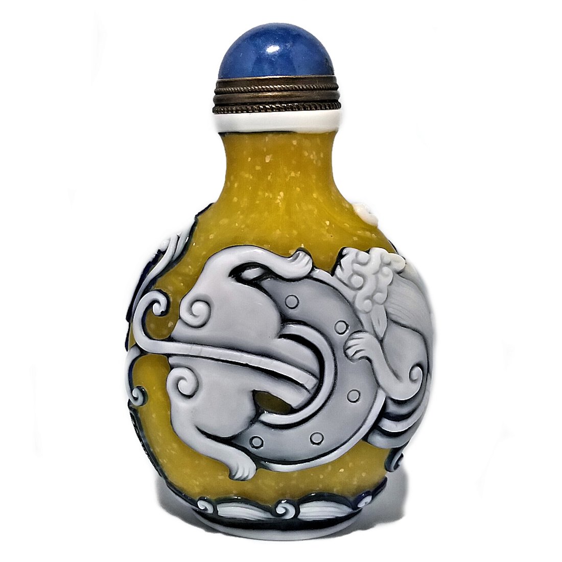 SUPERB CHINESE SNUFF BOTTLE PEKING GLASS SEALS KYLIN QIANLONG SEAL: THE FINE CHINESE SNUFF BOTTLE IS CARVED IN WHITE OVER A RICH BLUE. IT FEATURES SEALS AND TWO KYLIN ON EACH SIDE. THE BOTTLE BEARS THE QIANLONG SEAL AND HAS A WELL CARVED OVAL FOOT. IT IS 3 INCHES TALL