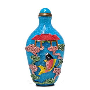 BEAUTIFUL CHINESE PEKING GLASS ENAMEL SNUFF BOTTLE DRAGON TURTLE FISH: THE BEAUTIFULLY CARVED AND ENAMELED CHINESE SNUFF BOTTLE OF FINE QUALITY IS 3.75 INCHES TALL. STANDS ARE FOR DISPLAY ONLY, NOT INCLUDED UNLESS OTHERWISE STATED. PROPERTY OF A FLORIDA COLLECTOR. WE