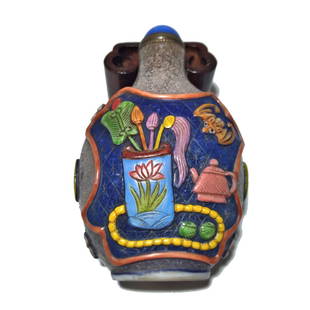 FINE CHINESE PEKING GLASS ENAMEL SNUFF BOTTLE AUSPICIOUS OBJECTS: THE FINE CHINESE SNUFF BOTTLE IT FEATURES VARIOUS AUSPICIOUS OBJECTS AND A FROG. IT IS 3.25 INCHES TALL. STANDS ARE FOR DISPLAY ONLY, NOT INCLUDED UNLESS OTHERWISE STATED. PROPERTY OF A FLORIDA