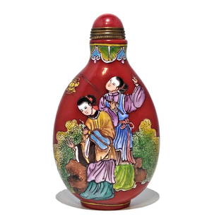 CHINESE ENAMEL ON GLASS FIGURAL SNUFF BOTTLE QIANLONG MARK: THE FINELY ENAMELED BOTTLE FEATURES TWO SCENES, INVOLVING A PAIR OF COURT LADIES WITH MUCH SURROUNDING DETAIL. THE BOTTLE BEARS A QIANLONG MARK. IT IS 3.4 INCHES TALL. STANDS ARE FOR DISPLAYONLY, NOT