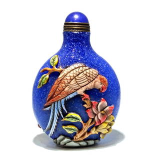 CHINESE PEKING GLASS ENAMEL SNUFF BOTTLE PARROTS: THE BEAUTIFULLY CARVED CHINESE PEKING GLASS SNUFF BOTTLE IS ALSO ENAMELED AND FEATURES PARROTS ON BOTH SIDES. THE BOTTLE IS 3.1 INCHES TALL. STANDS ARE FOR DISPLAY ONLY, NOT INCLUDED UNLESS OTHERWISE