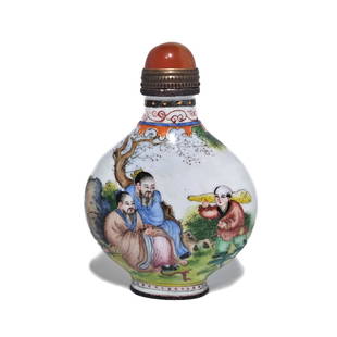 FINE CHINESE ENAMEL ON COPPER BOYS ELDERS SNUFF BOTTLE QIANLONG MARK: THE FINE ENAMELED CHINESE SNUFF BOTTLE IS SO BEAUTIFULLY PAINTED WITH IMAGES OF BOYS AND ELDERS, WITH MANY ADDITIONAL DETAILS. THE BOTTLE IS MARKED WITH THE QIANLONG DATE MARK. IT HAS A CARNELIAN