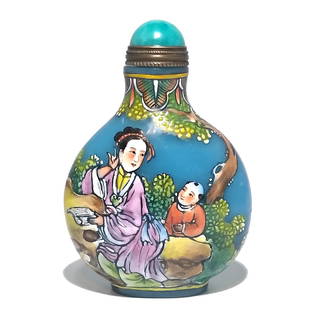 BEAUTIFUL CHINESE ENAMEL BLUE GLASS SNUFF BOTTLE YONGZHENG MARK: BEAUTIFUL CHINESE SNUFF BOTTLE DEPICTING MOTHER AND CHILD IN TWO FRAMED SCENES WITH MUCH SURROUNDING DETAIL.THE BOTTLE BEARS A YONGZHENG DATE MARK. IT IS 2.6 INCHES TALL. STANDS ARE FOR DISPLAY ONLY,