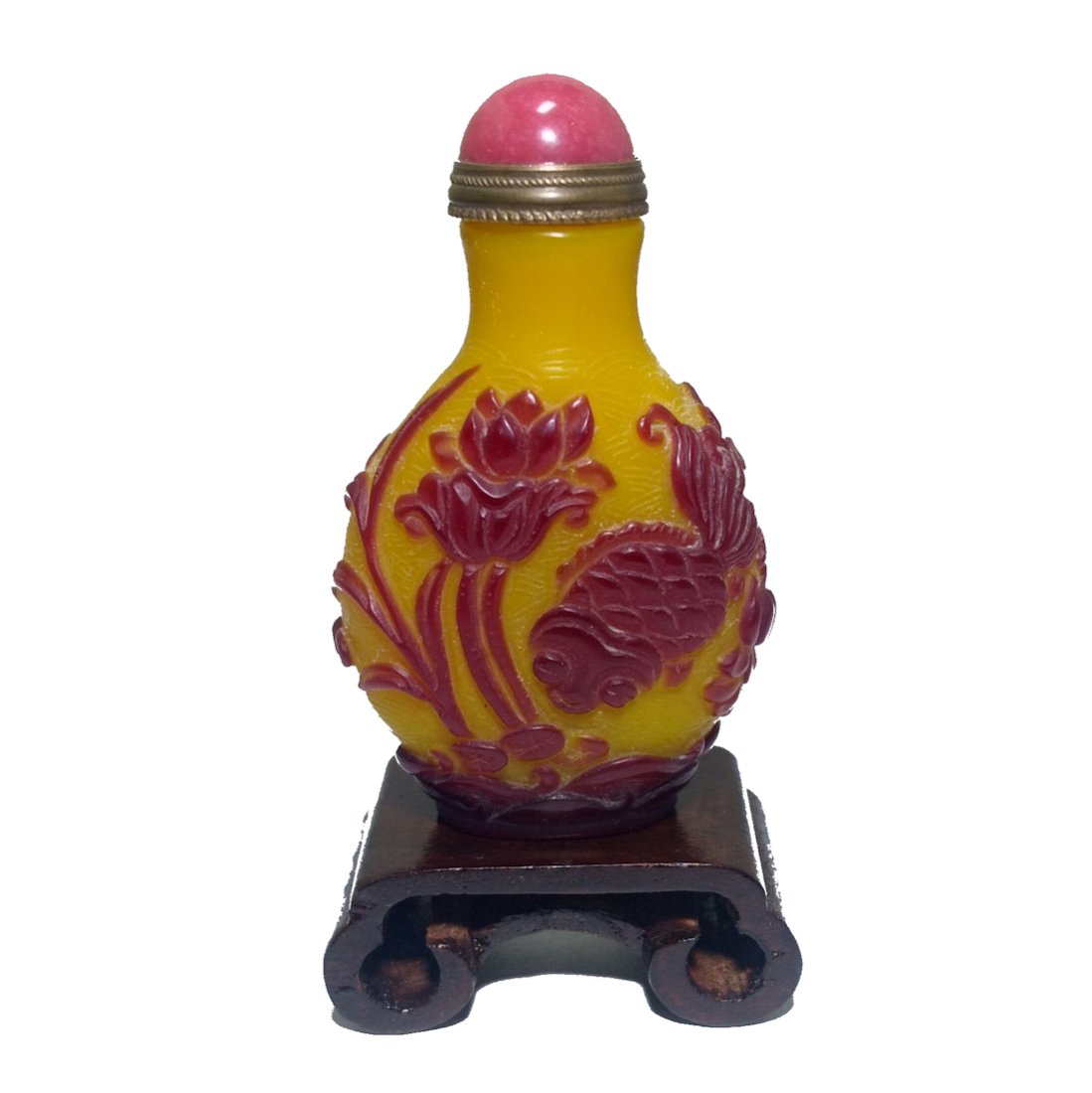 BEAUTIFUL CHINESE PEKING GLASS SNUFF BOTTLE KOI FISH LOTUS (1 of 8)