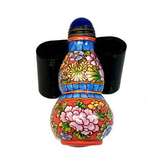 FANTASTIC CHINESE ENAMEL ON GLASS FLORAL PATTERN QIANLONG MARK: THE FANTASTIC CHINESE PEKING GLASS SNUFF BOTTLE FEATURES PEONIES ALL AROUND. THE BOTTLE IS 2.6 INCHES TALL AND BEARS THE QIANLONG MARK. STANDS ARE FOR DISPLAY ONLY, NOT INCLUDED UNLESS OTHERWISE