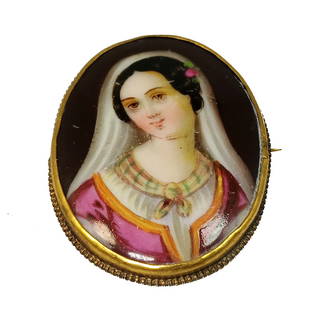 A BEAUTIFUL VICTORIAN BROOCH HP MINIATURE PORTRAIT PORCELAIN: THE FINE HAND PAINTED MINIATURE PORTRAIT VICTORIAN BROOCH IS 1.75 BY 1.25 INCHES. WE PROVIDE IN-HOUSE AND COMBINED SHIPPING.