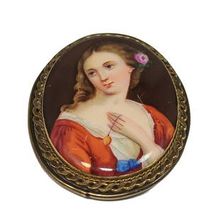 A BEAUTIFUL VICTORIAN BROOCH HP MINIATURE PORTRAIT PORCELAIN: THE FINE HAND PAINTED MINIATURE PORTRAIT VICTORIAN BROOCH IS 2.25 BY 1.75 INCHES. WE PROVIDE IN-HOUSE AND COMBINED SHIPPING.