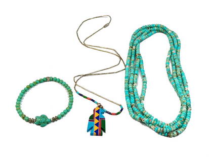 A BEAUTIFUL SOUTHWESTERN LOT OF 3 PIECES TURQUOISE SILVER INLAID: THIS LOT FEATURES 2 BEAUTIFUL SOUTHWESTERN NECKLACES AND A BRACELET. NECKLACES SIZE 62 INCHES AND 23 INCHES LONG. THE SECOND ONE HAS A SILVER CHAIN AND THE PENDANT IS INLAID WITH TURQUOISE AND MALACHI