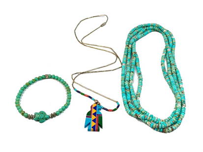 A BEAUTIFUL SOUTHWESTERN LOT OF 3 PIECES TURQUOISE SILVER INLAID: THIS LOT FEATURES 2 BEAUTIFUL SOUTHWESTERN NECKLACES AND A BRACELET. NECKLACES SIZE 62 INCHES AND 23 INCHES LONG. THE SECOND ONE HAS A SILVER CHAIN AND THE PENDANT IS INLAID WITH TURQUOISE AND