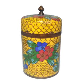 ANTIQUE CHINESE YELLOW CLOISONNE SNUFF JAR 19TH CENTURY: THE ANTIQUE CHINESE SNUFF JAR IS FINELY DECORATED ON YELLOW GROUND. IT DATES TO THE 19TH CENTURY. IT IS 3.75 INCHES TALL AND IN FINE CONDITION WITH MINOR ENAMEL LOSSES, SEE PHOTOS. STANDS ARE FOR