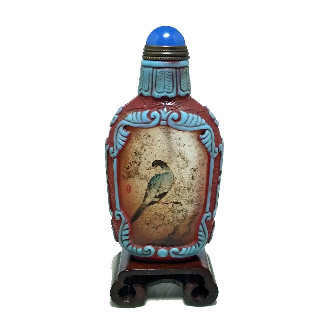 CHINESE CARVED PEKING GLASS SNUFF BOTTLE PAINTED INSIDE BIRD POEM (1 of 8)