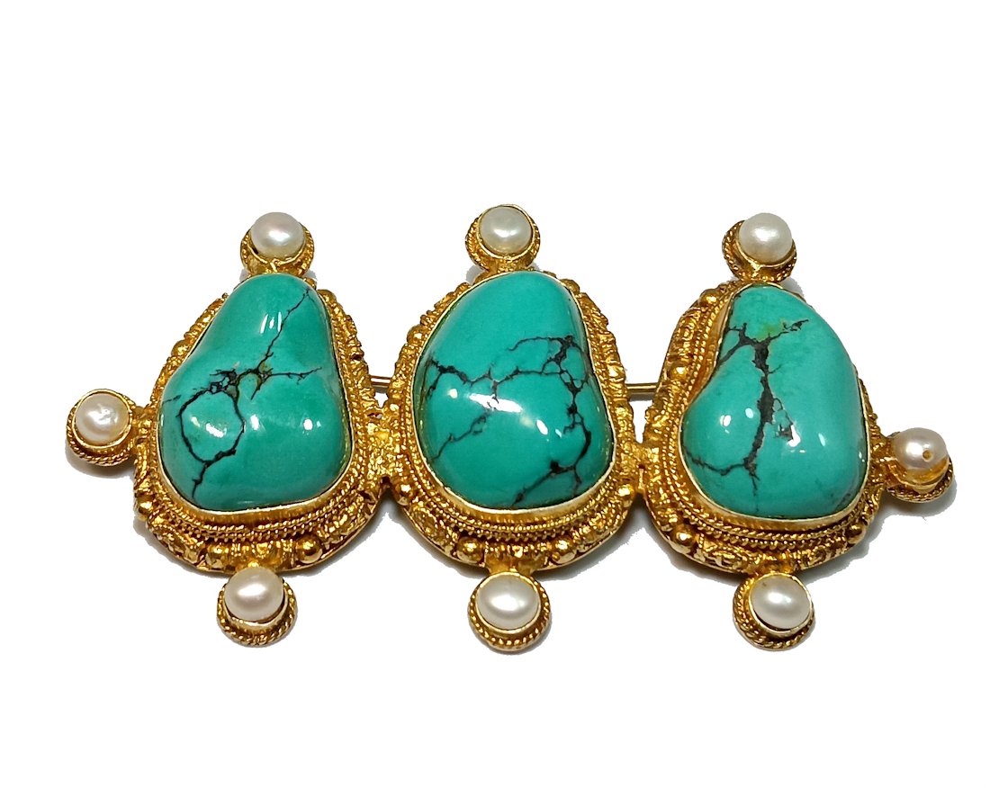 A FINE CHINESE EXPORT BROOCH GILT SILVER FILIGREE TURQUOISE (1 of 6)