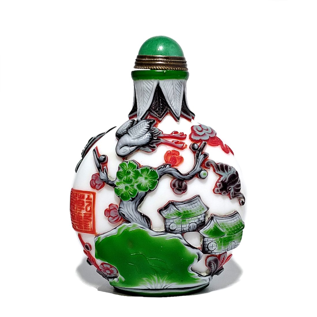 IMPRESSIVE CHINESE PEKING GLASS SNUFF BOTTLE 5 COLORS LANDSCAPE QIANLONG SEAL (1 of 6)