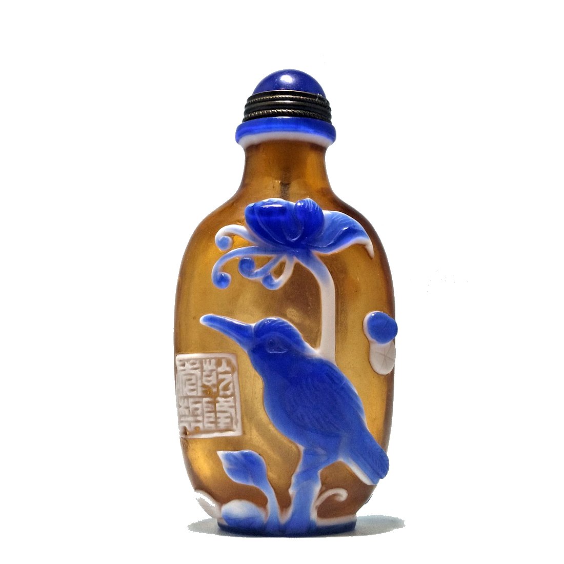 CHINESE PEKING GLASS SNUFF BOTTLE KINGFISHER LOTUS QIANLONG SEAL (1 of 6)