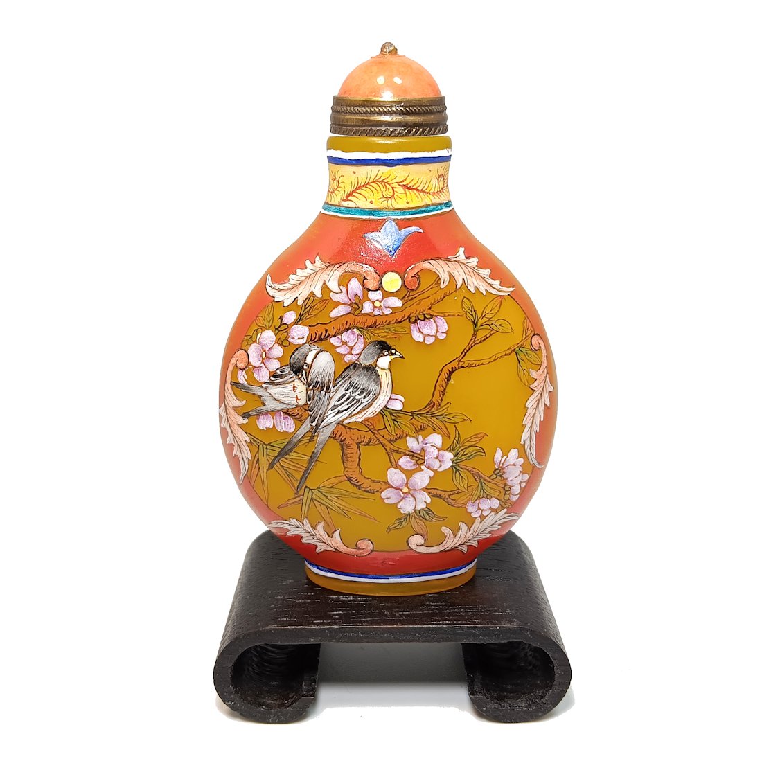 FABULOUS CHINESE ENAMEL PEKING GLASS BOTTLE BIRDS FLOWER TREES QIANLONG MARK: THIS LOT FEATURES A FABULOUS CHINESE ENAMELED SNUFF BOTTLE. THE BOTTLE DEPICTS BIRDS AND FLOWER TREES ON BOTH SIDES. THE BOTTLE IS 3 INCHES TALL AND BEAR THE QIANLONG MARK. STANDS ARE FOR DISPLAY ONLY