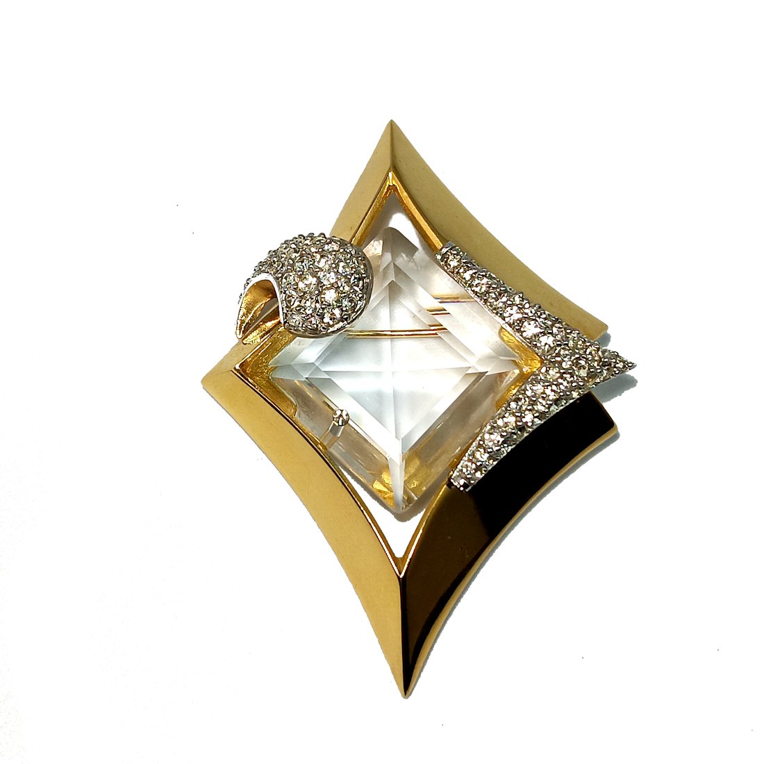 SUPERB GIVENCHY PARIS FRENCH DESIGNER IMPORTANT MODERNIST BROOCH: THE SUPERB MODERNIST BROOCH BY GIVENCHY IS 2.75 INCHES LONG AND HAS SUBSTANTIAL WEIGHT DUE TO THE ROCK CRYSTAL CENTER. IT IS DATED 1978. WE OFFER IN-HOUSE SHIPPING.
