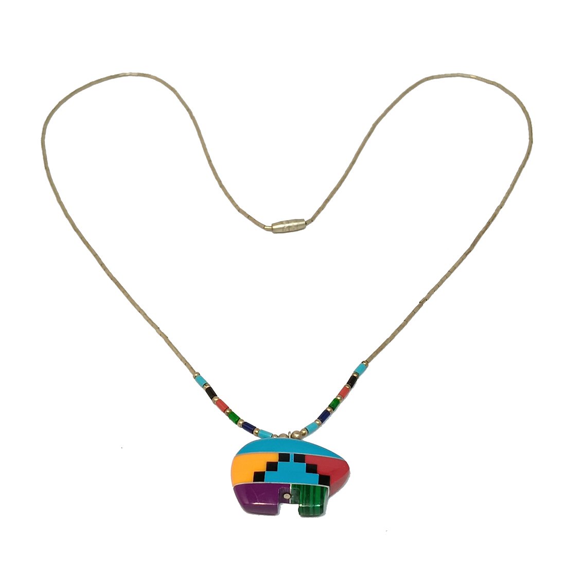 SUPERB NATIVE AMERICAN SOUTHWESTERN NECKLACE STERLING INLAY: THE SUPERB SOUTHWESTERN NECKLACE MEASURES 23 INCHES AROUND. THE PENDANT IS IN THE SHAPE OF A BEAR, INLAID WITH STONES TURQUOISE, CORAL, ONYX, SPINEY OISTER, CHAROITE AND MALACHITE. WE PROVIDE IN-HOUSE
