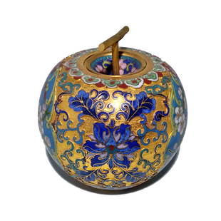 BEAUTIFUL CHINESE OPEN WORK CLOISONNE JAR: THE BEAUTIFUL CHINESE JAR IS FINELY GILDED AND DECORATED WITH OPEN WORK CLOISONNE, FEATURING LOTUS AND SCROLLS. TWO FRAMED IMAGES FEATURE BIRDS AND A FLOWERING PLUM TREE. THE JAR IS 4.25 INCHES