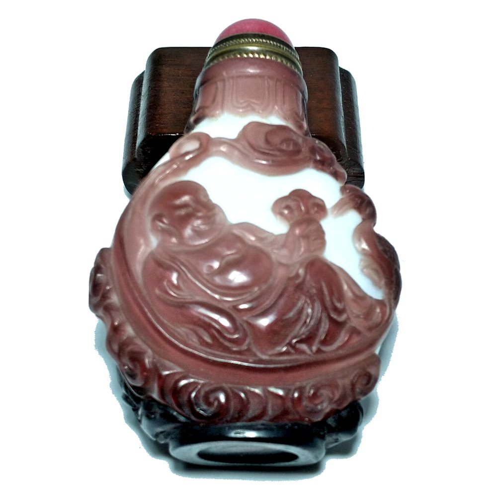 FANTASTI CHINESE PEKING GLASS SNUFF BOTTLE LUOHANS PURPLE (1 of 8)