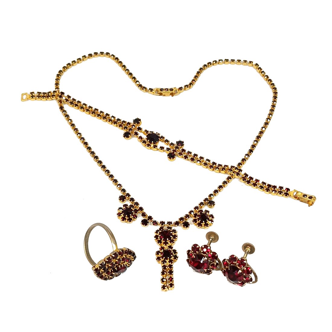 VINTAGE COSTUME JEWELRY LOT GARNET RHINESTONES NECKLACE BRACELET RING EARRINGS (1 of 4)