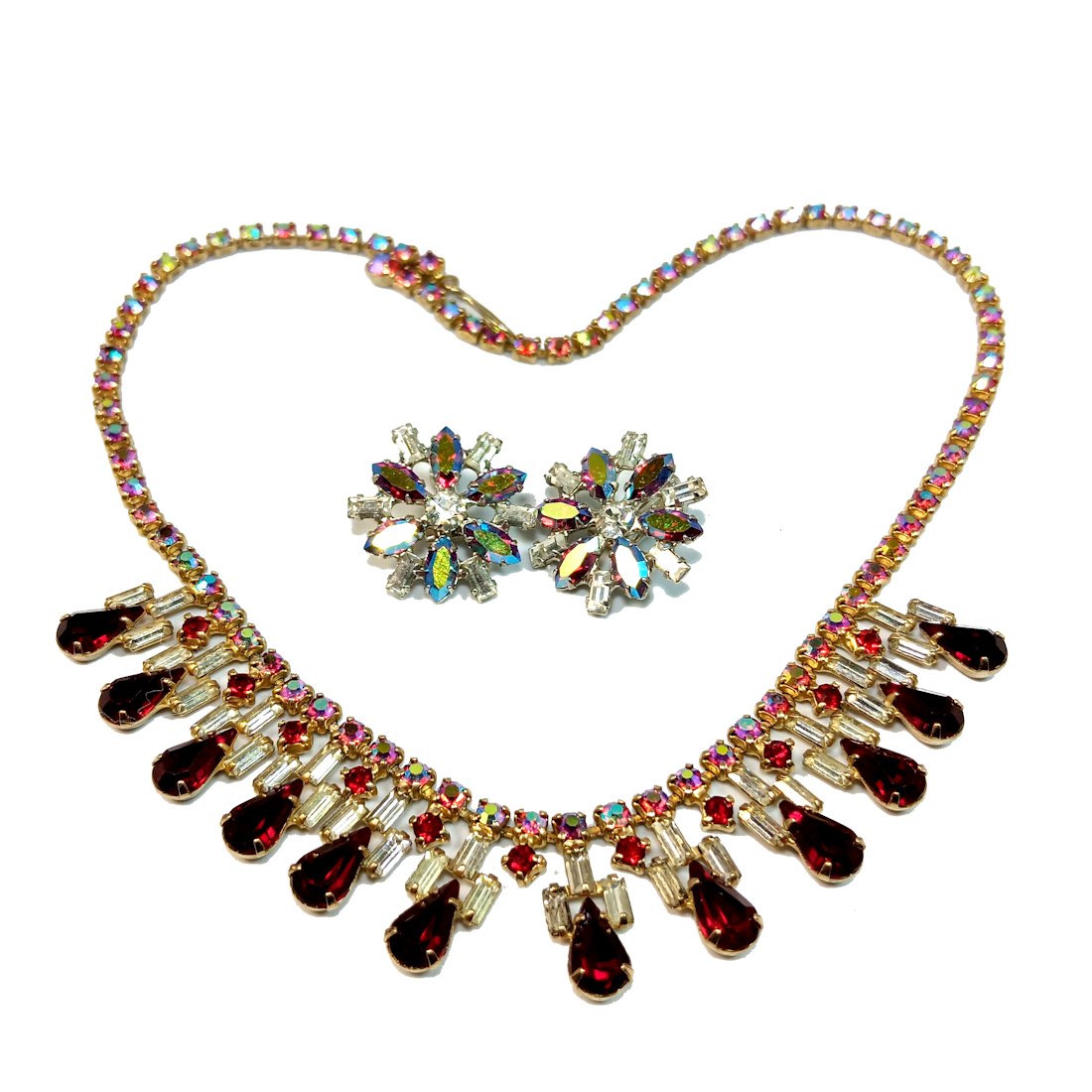 VINTAGE AURORA BOREALIS RED NECKLACE EARRINGS B. DAVID COSTUME JEWELRY (1 of 4)