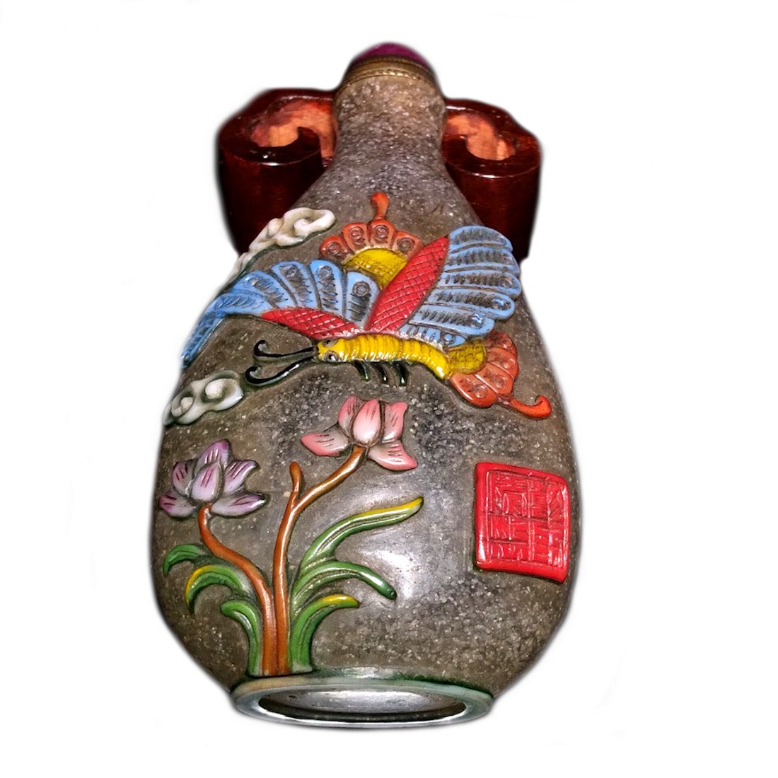 CHINESE PEKING GLASS ENAMELED SNUFF BOTTLE BUTTERFLIES FLOWERS QIANLONG SEAL (1 of 8)