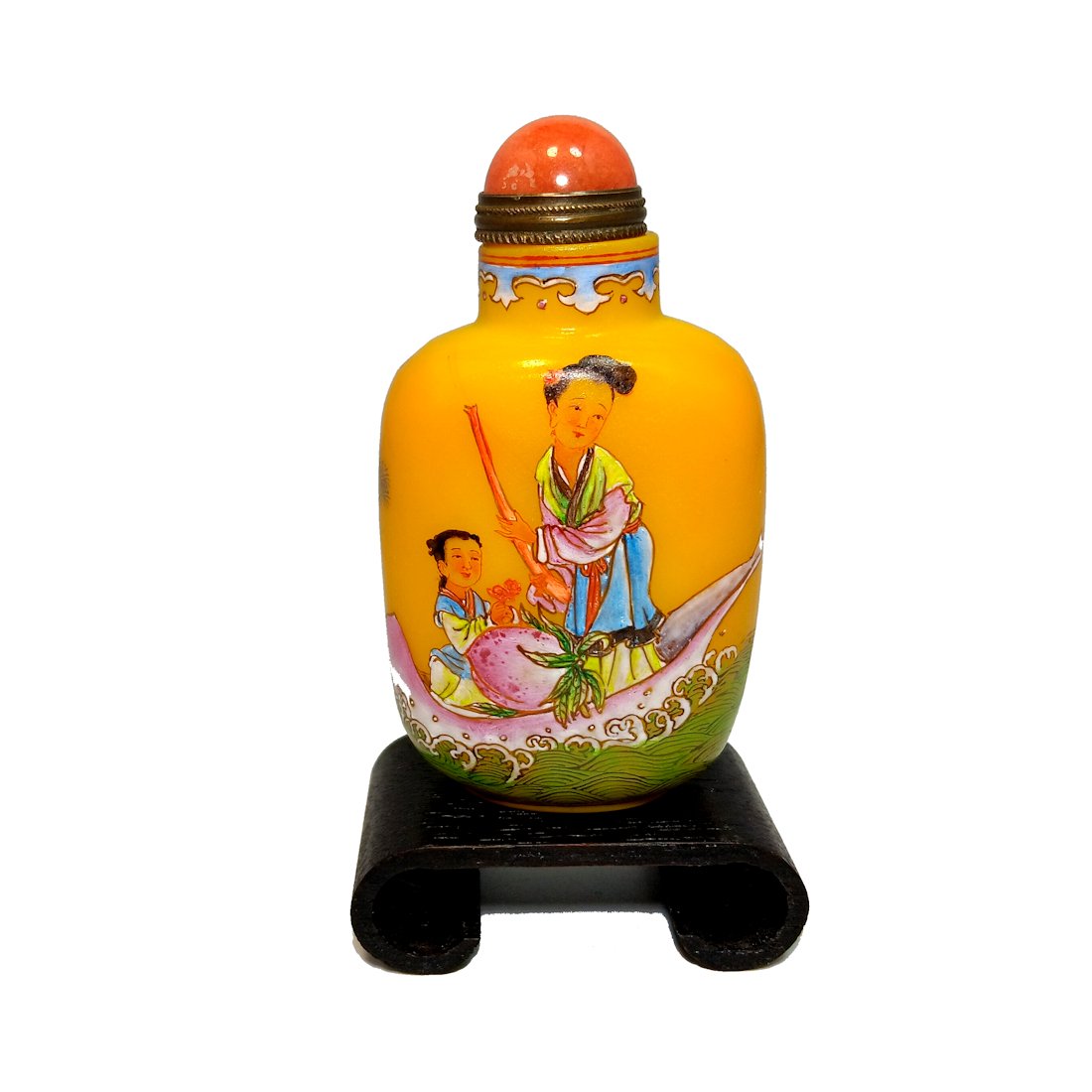 IMPERIAL CHINESE SNUFF BOTTLE ENAMEL ON GLASS QIANLONG MARK: THE EXQUISITELY ENAMELED BOTTLE FEATURES MOTHER AND CHILD IN A BOAT, WITH GREAT DETAIL ON BOTH SIDES, ON YELLOW GLASS BACKGROUND. THE BOTTLE IS 2.9" TALL. IT BEARS A QIANLONG MARK. STANDS ARE FORDISPL