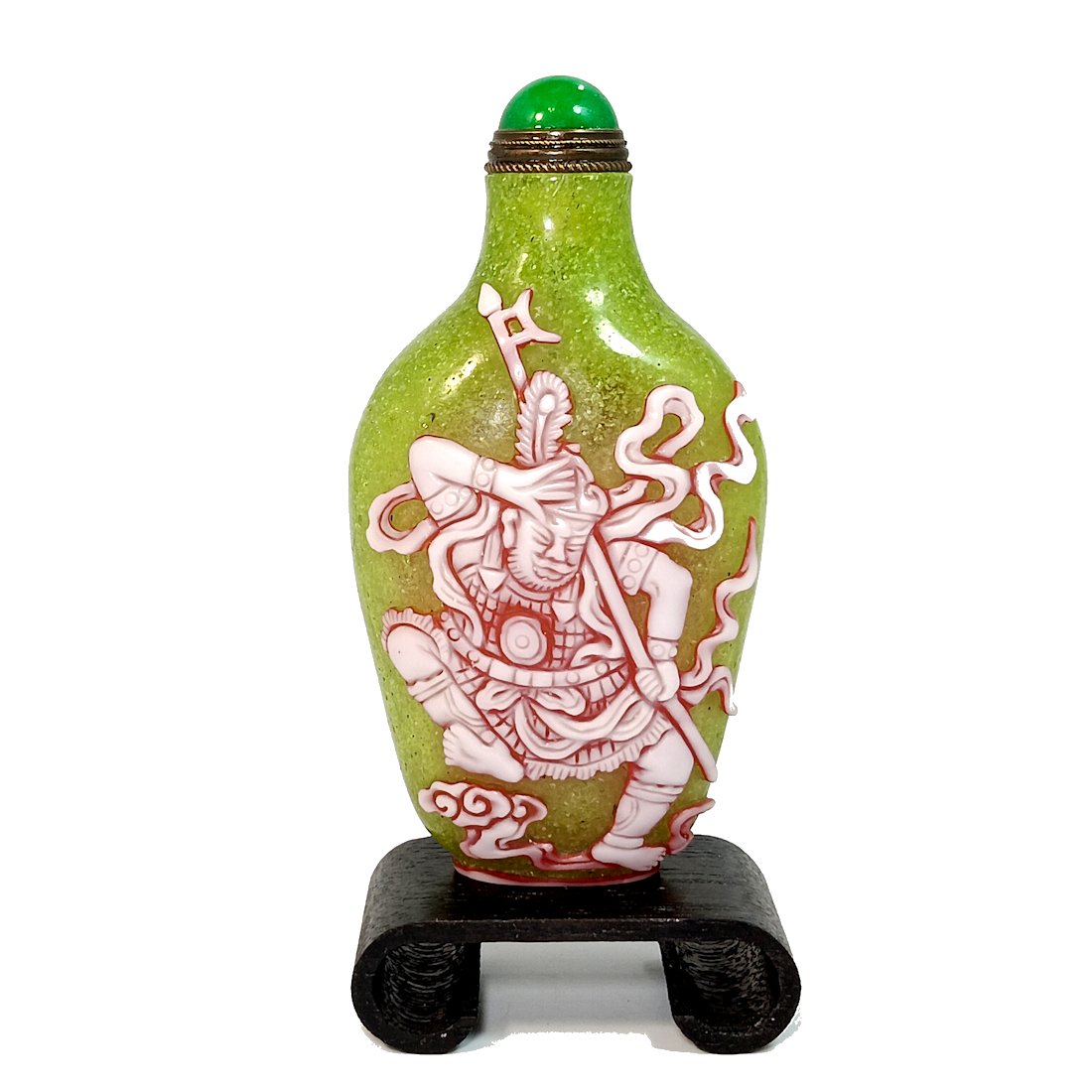 BEAUTIFUL CHINESE PEKING GLASS SNUFF BOTTLE WARRIOR QIANLONG SEAL (1 of 8)