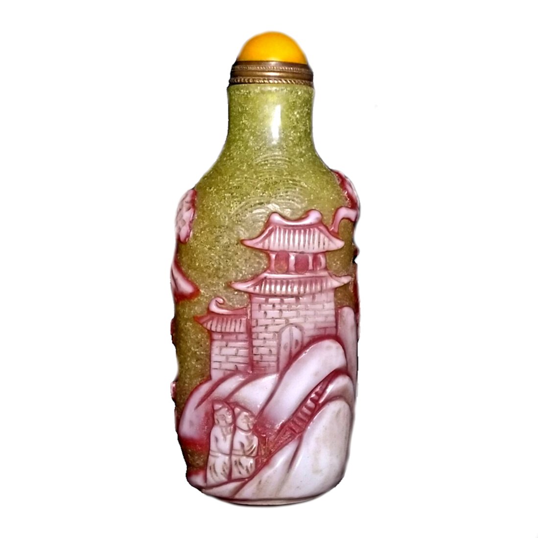 BEAUTIFUL  CARVED CHINESE PEKING GLASS SNUFF BOTTLE PAGODA PEOPLE LANDSCAPE (1 of 7)