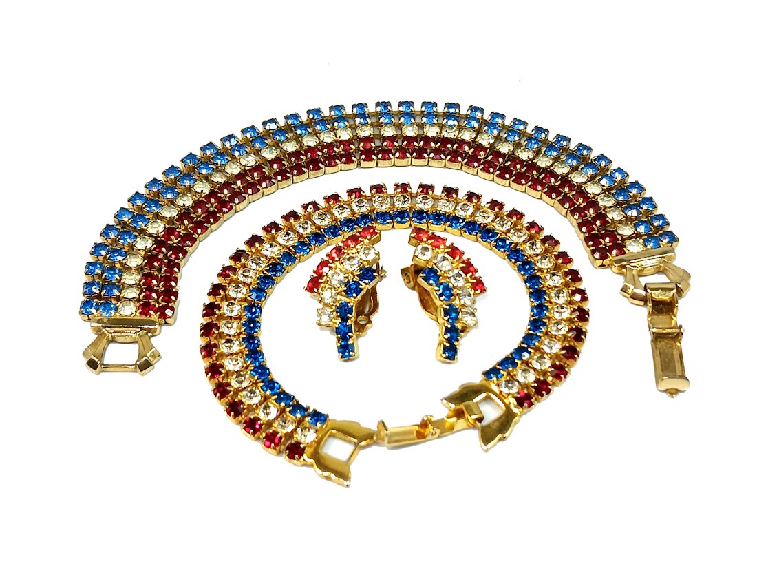 VINTAGE RHINESTONES SET OF 2 BRACELETS ONE PAIR OF EARRINGS IN PRONGS (1 of 3)