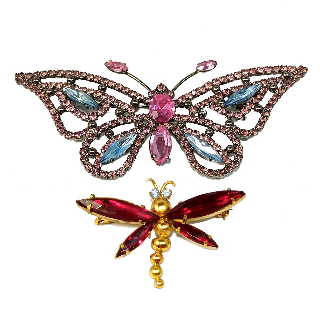 LOT OF 2 VINTAGE PRONG SET BROOCHES RHINESTONE DRAGONFLY BUTTERFLY (1 of 4)
