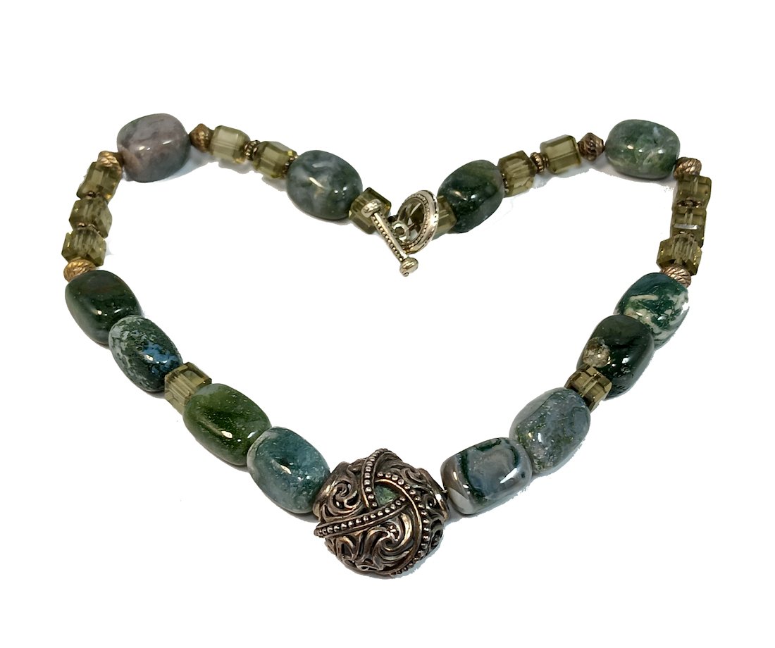 A STUNNING VINTAGE MOSS AGATE NECKLACE 17" STERLING (1 of 4)