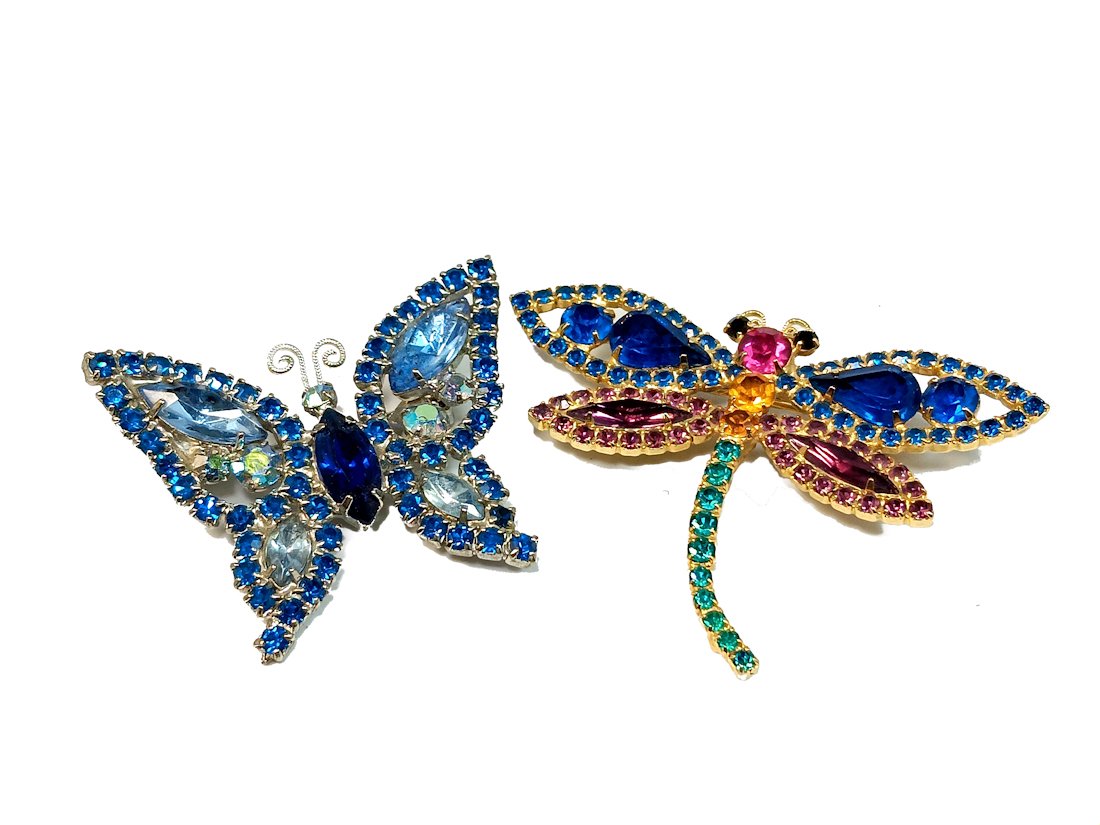 VINTAGE LOT OF 2 LARGE BUTTERFLIES BROOCHES RHINESTONE PRONG SET (1 of 5)